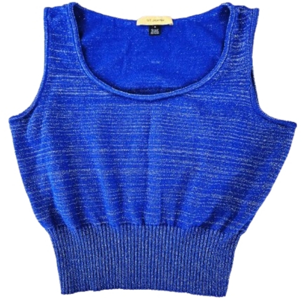 St John Knit Sleeveless Sweater Blue Metallic Shimmer Wool Blend Tank XL